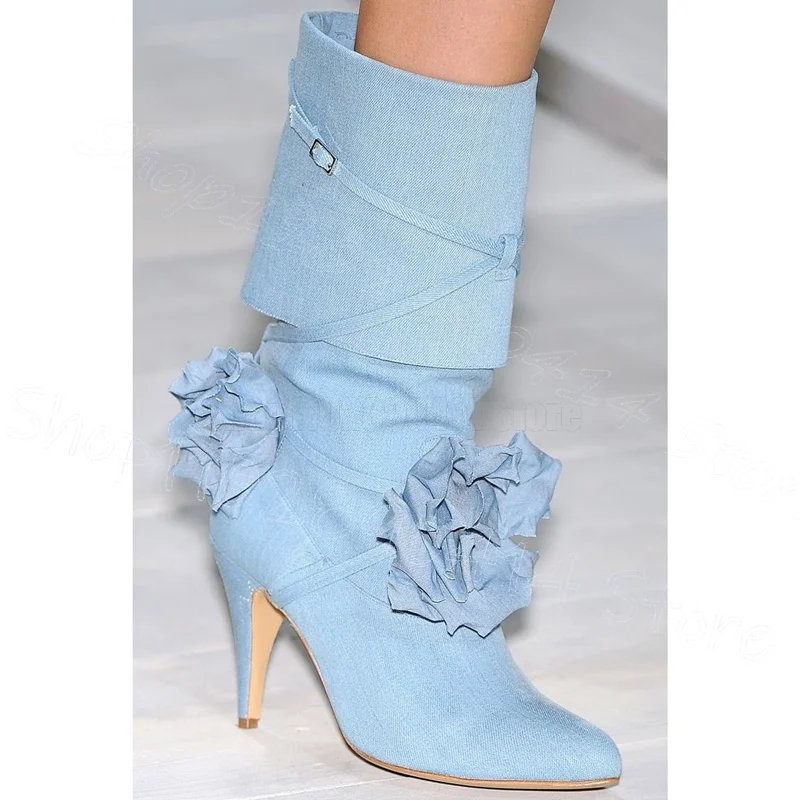 

Sky Blue Appliques Denim Pointed Toe Boots Slip On Women Shoes Thin High Heels Fashion Party Banquet 2025 Zapatos Para Mujere