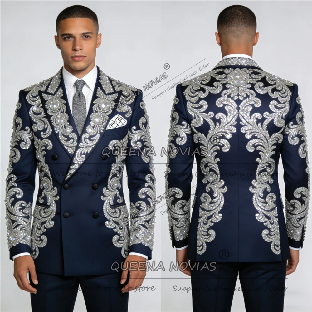 Metallic Jewelry Stones Groom Wedding Tuxedos Double Breasted Beded Prom Blazers Customized Suits Men  2 Pieces Sets Ropa Hombre