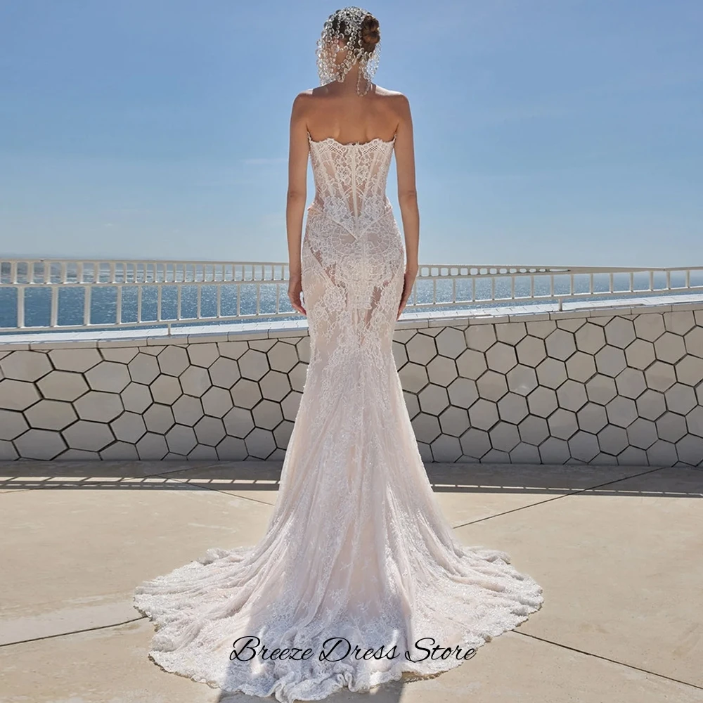 Exquisite Appliques Lace Wedding Dress Elegant Mermaid Sleeveless Bridal Gowns Customized High Quality Tulle Vestido De Novia