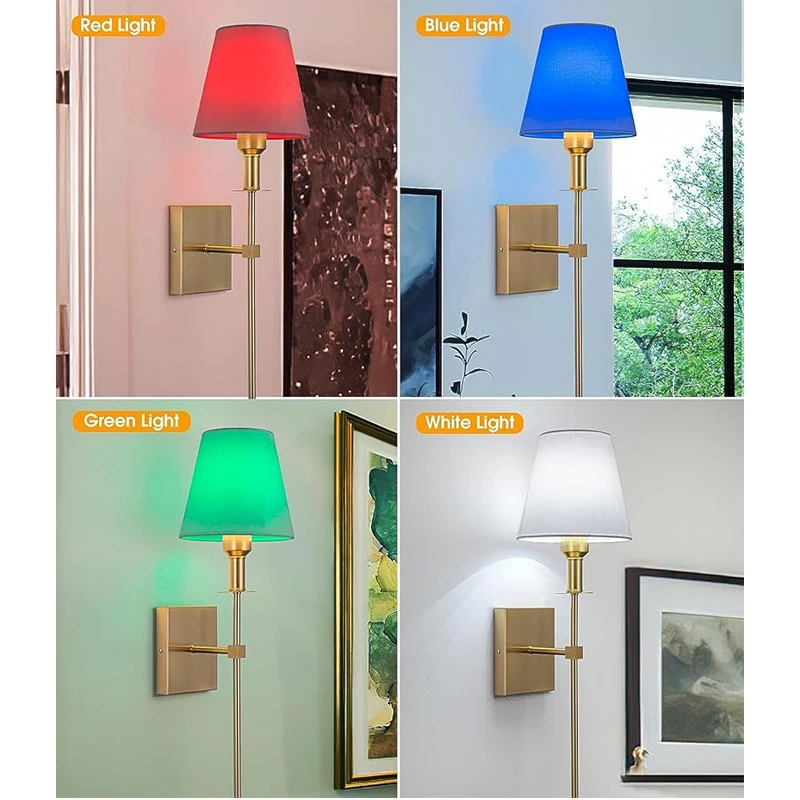 American Retro Wall Lamp Fabric Lampshade Bedroom Bedside Reading Wall Light Bathroom Home Decor Battery Light Bulb Night Light