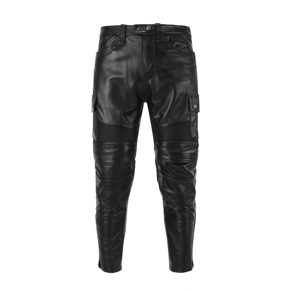 top Men's layer cowhide leather motorcycle riding black slim straight pants can add protective gear