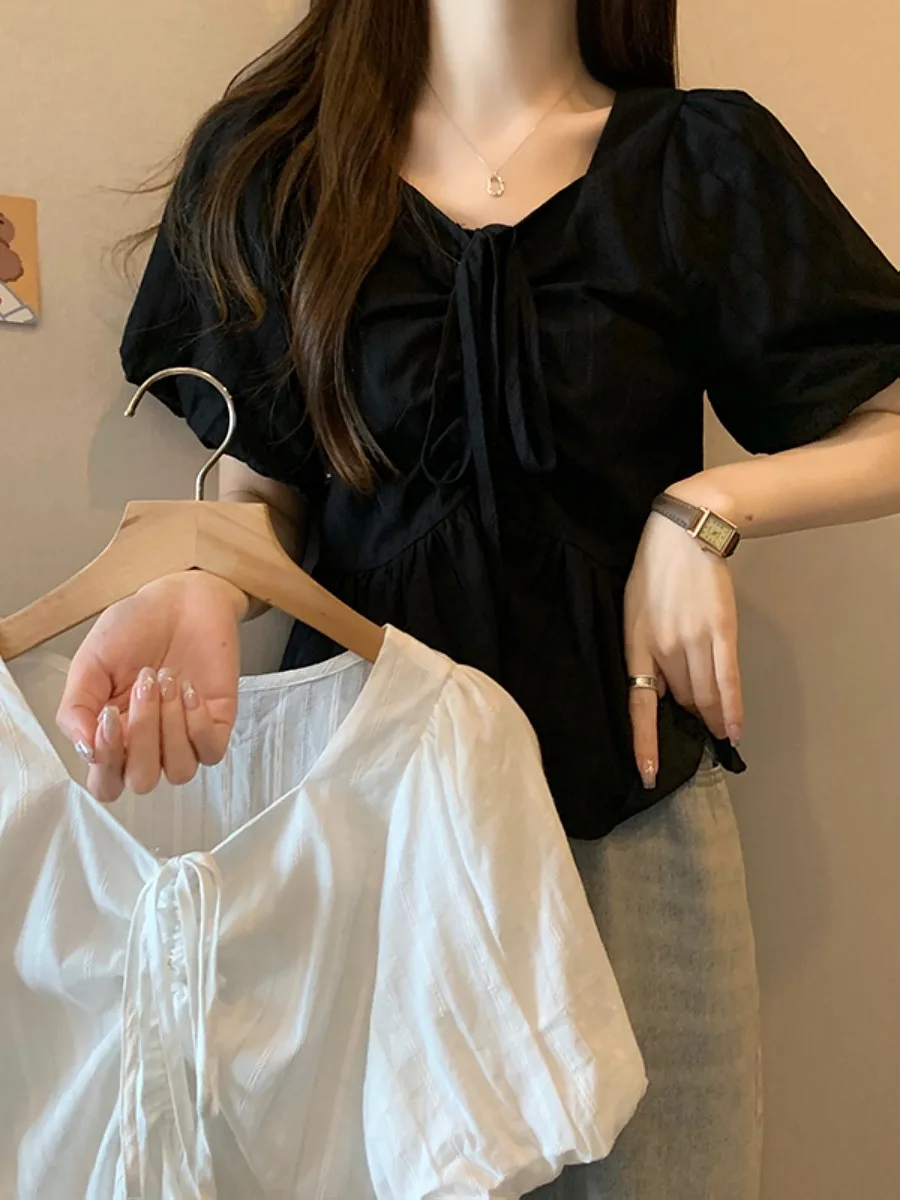 

Loose Fit Color V-Ne ort Sve Overhead irt for Women Summer Trendy Dstring Korean Sle Casual Busin Wear