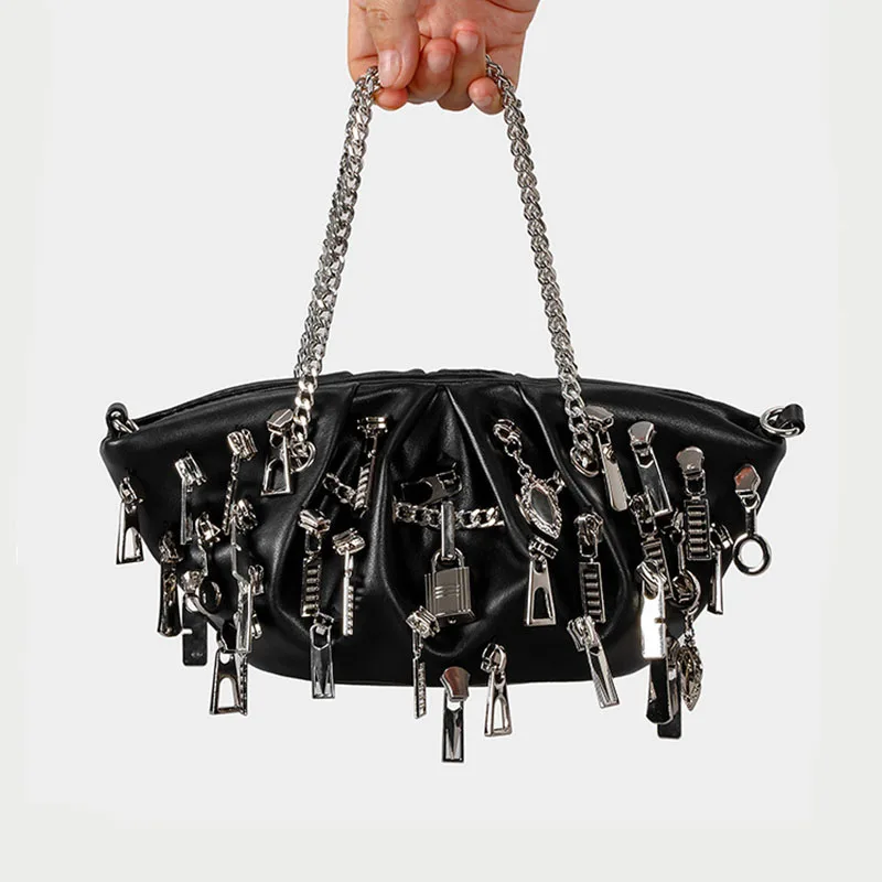 New Women's Punk Style Ruched Dumpling Armpit Bag 2026 Multi Zipper Head Decoration Shoulder Bags Spicy Girl Y2K Handbags