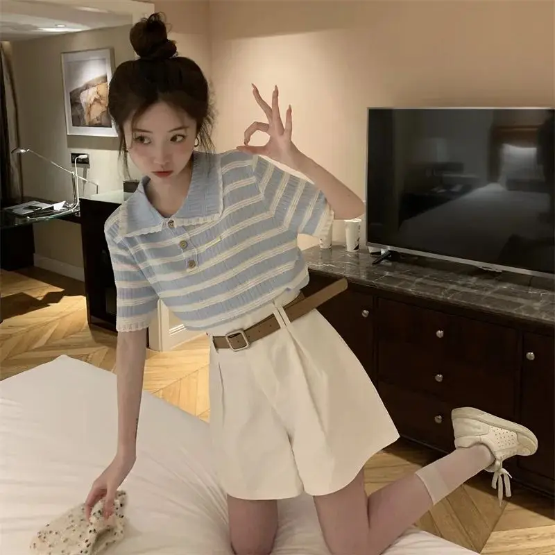 

Women Clothing Summer Korean Fashion Button Striped Polo Collar Short Sleeve Femme All-match Appear Thin Shorts Two-piece Set