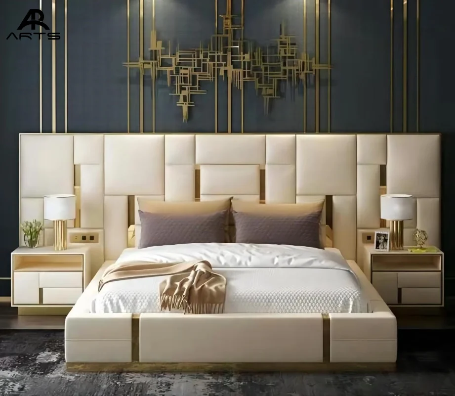 

2025 Villa Bedroom Furniture Leather Upholstered Bed for Home Hotel Bedroom Furniture king Size Queen Size Bed