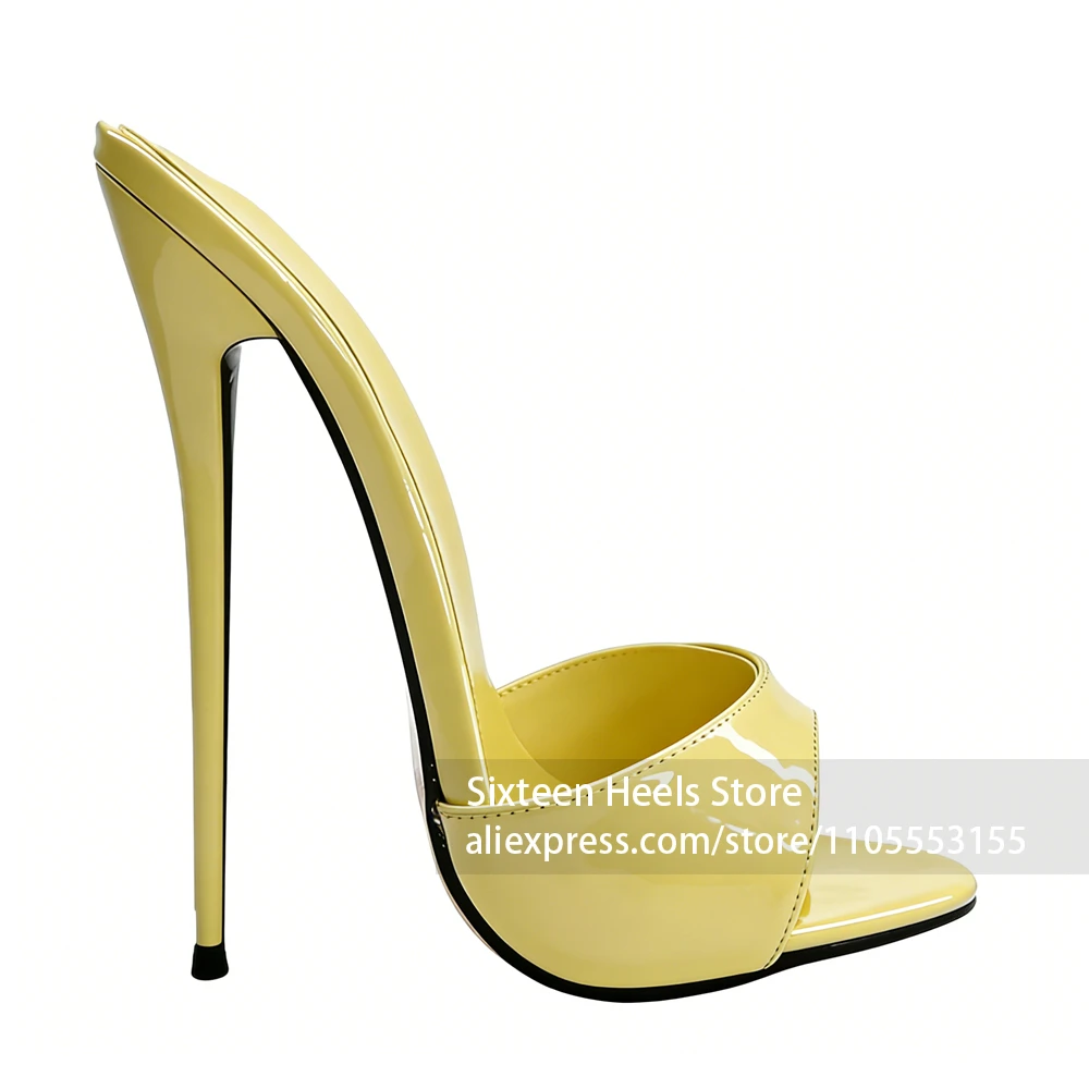 

16cm Patent Leather Slippers Round Open Toe Stiletto Mules Sexy Style Slip on Summer Shoes Custom Multicolor Footwear for Women