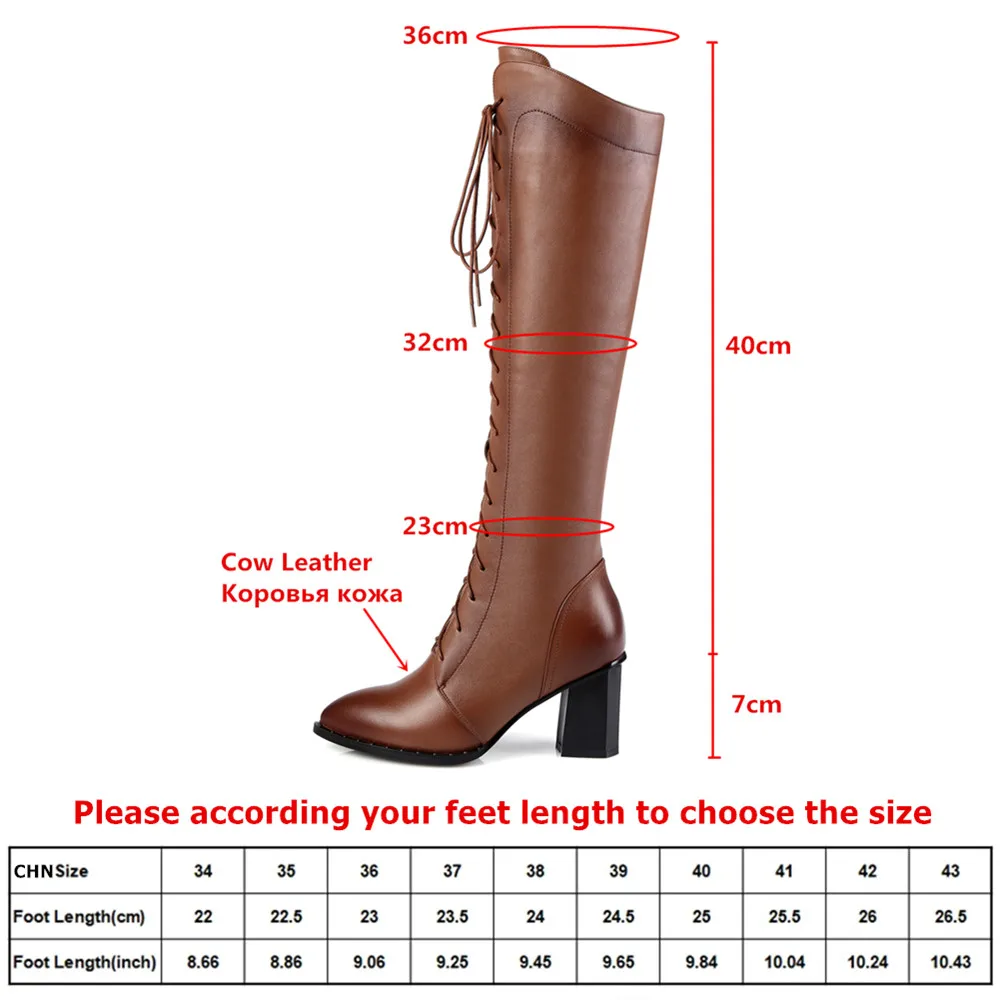 MILI-MIYA Women's Leather Pointed-Toe Knee High Boots With Thick Heels Solid Color Warm Fleece Lining Casual Shoes Plus Size 42