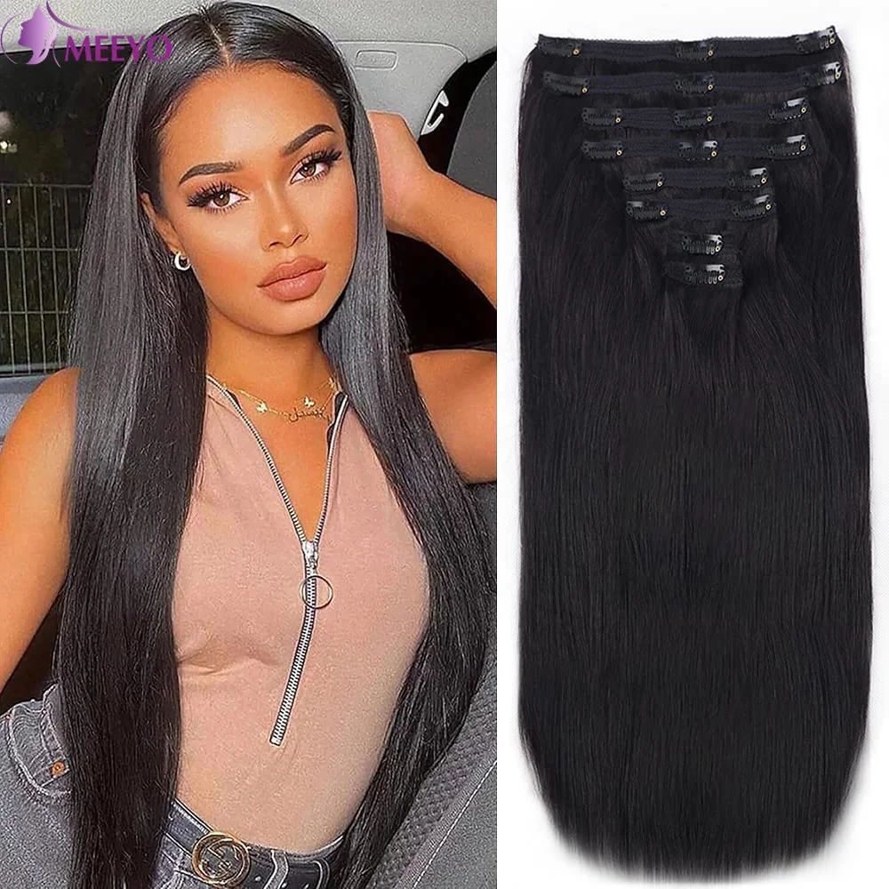 Straight Seamless Clip Ins Human Hair Full Head Brazilian Clip In Hair Extension Human Hair 16-26 Inches Natural Black For Women