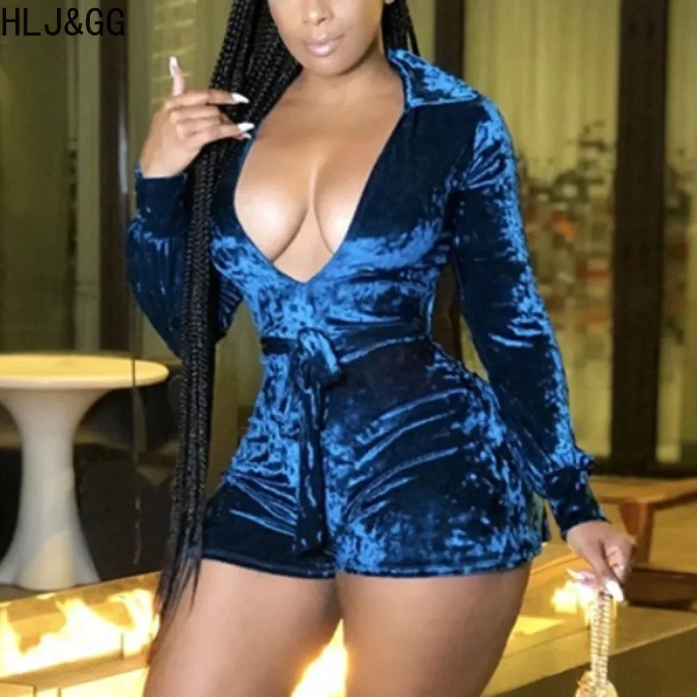 

HLJ&GG Sexy Deep V Bandage Velvet One Pieces Rompers Women Long Sleeve Lace Up Bodycon Jumpsuits Fashion Female Slim Clubwear