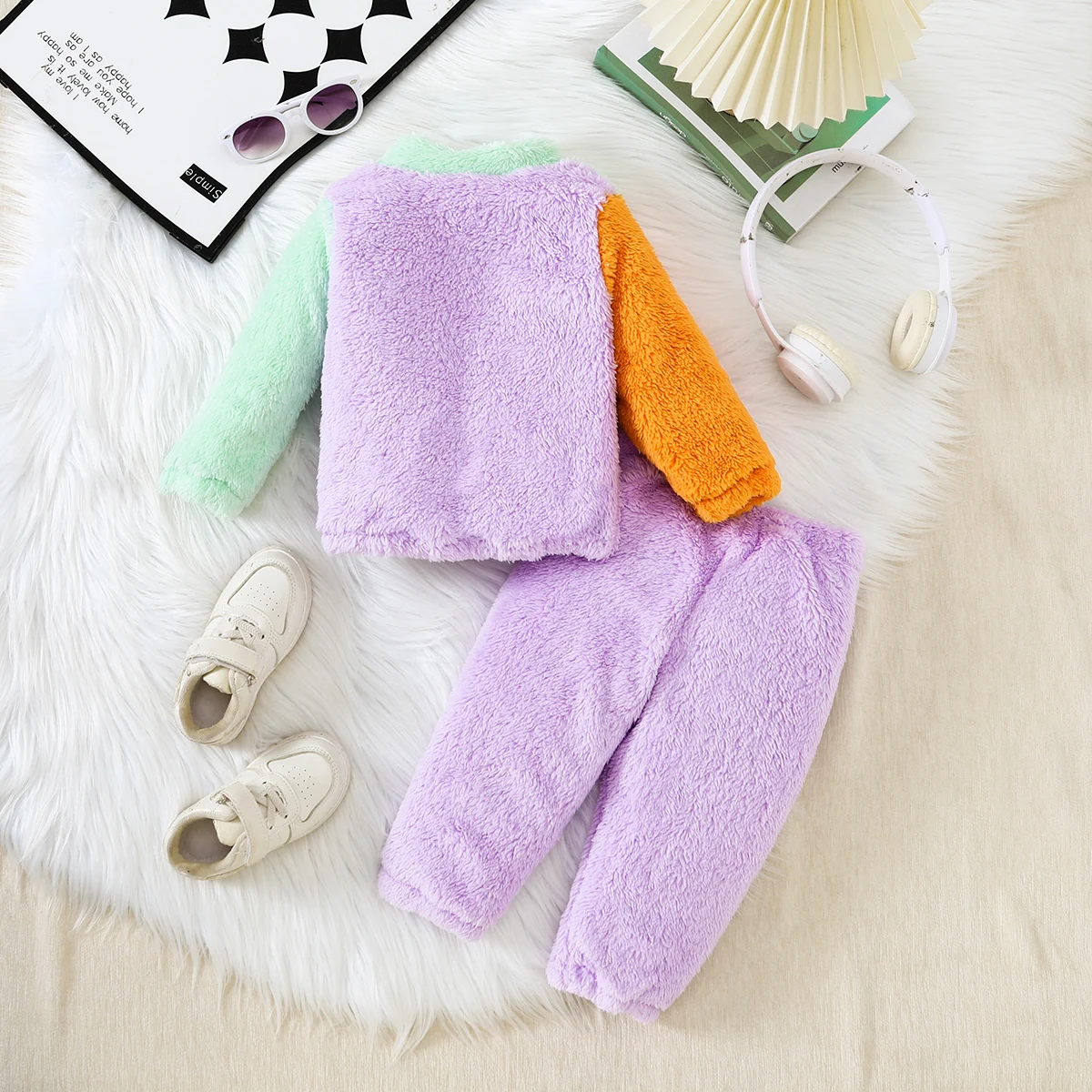 الخريف الشتاء الاطفال الصوف كتلة اللون الزي: طفل دافئ الوقوف طوق المرقعة أعلى + السراويل الطويلة، لينة ومريحة لطيف الأطفال اثنين