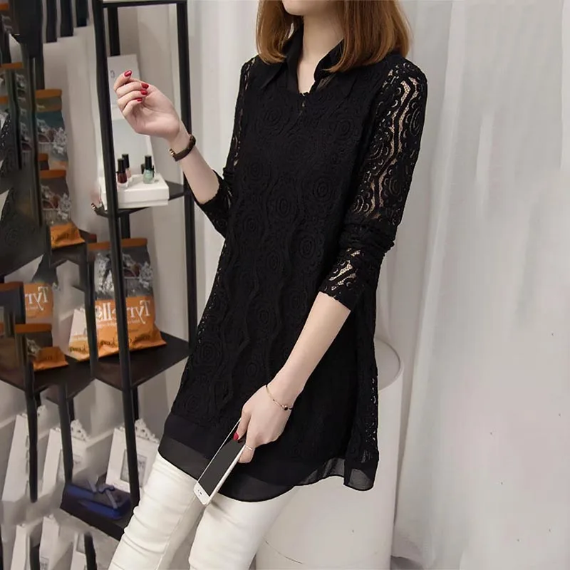 Elegant Fashion New Polo-Neck Chiffon Shirt Long Knitted Hollow Out Lace Sweaters Cardigan Solid Two Piece Set Women\'s Clothing