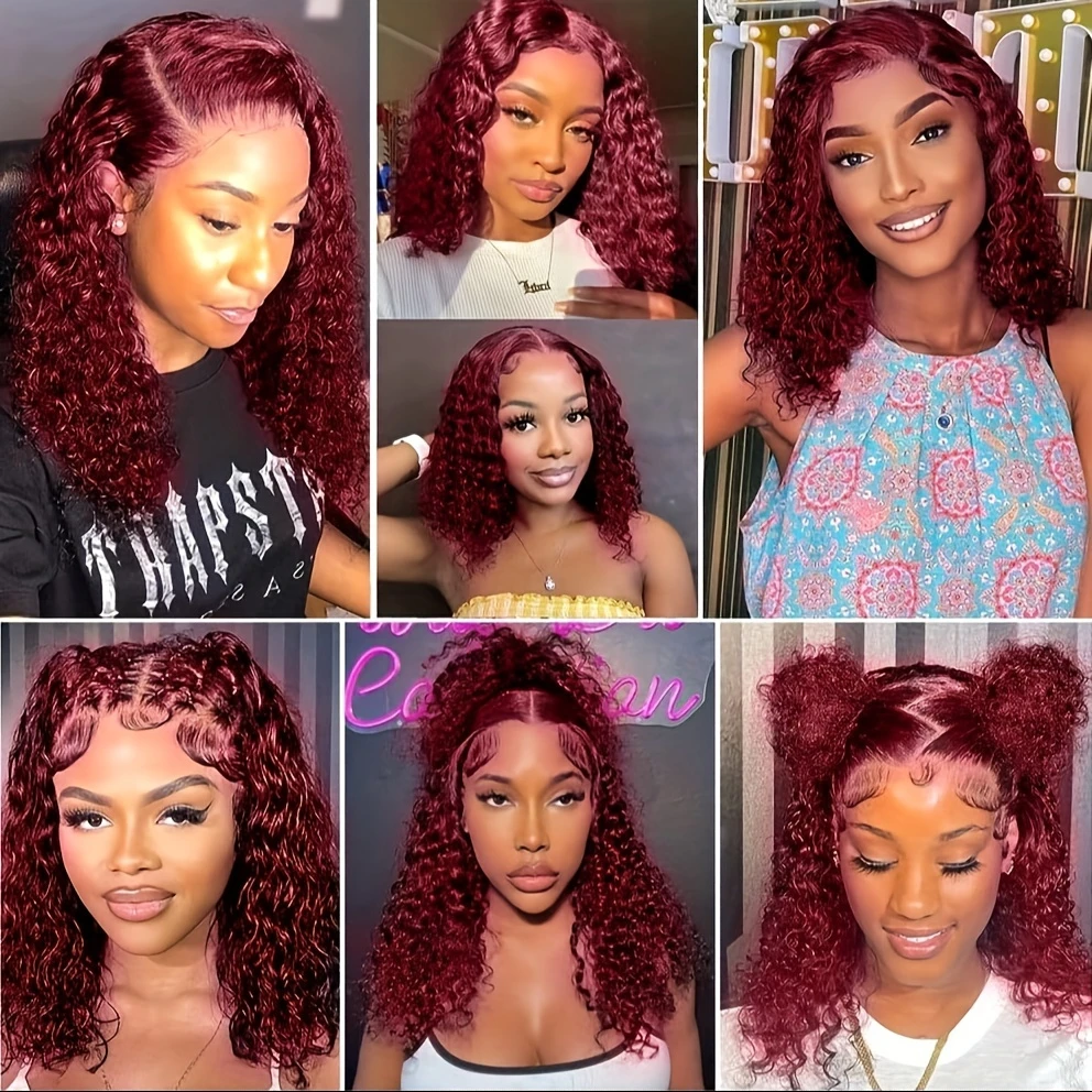99j Wig Burgundy Wig Rambut Manusia 13X4 Wig Renda Transparan Wig Rambut Manusia Keriting Bob Pendek untuk Wanita