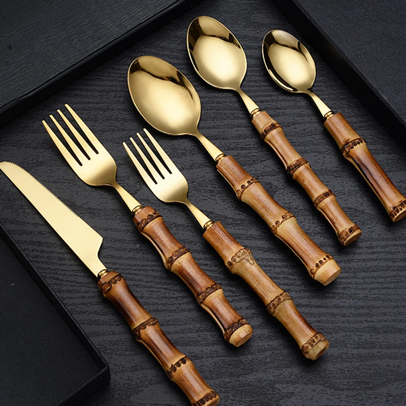 Bamboo Handle Tableware Stainless Steel Nature Retro Dinnerware Gold Cutlery Set 1PCS Steak Knives Fork Spoon Tea Dessert Spoons