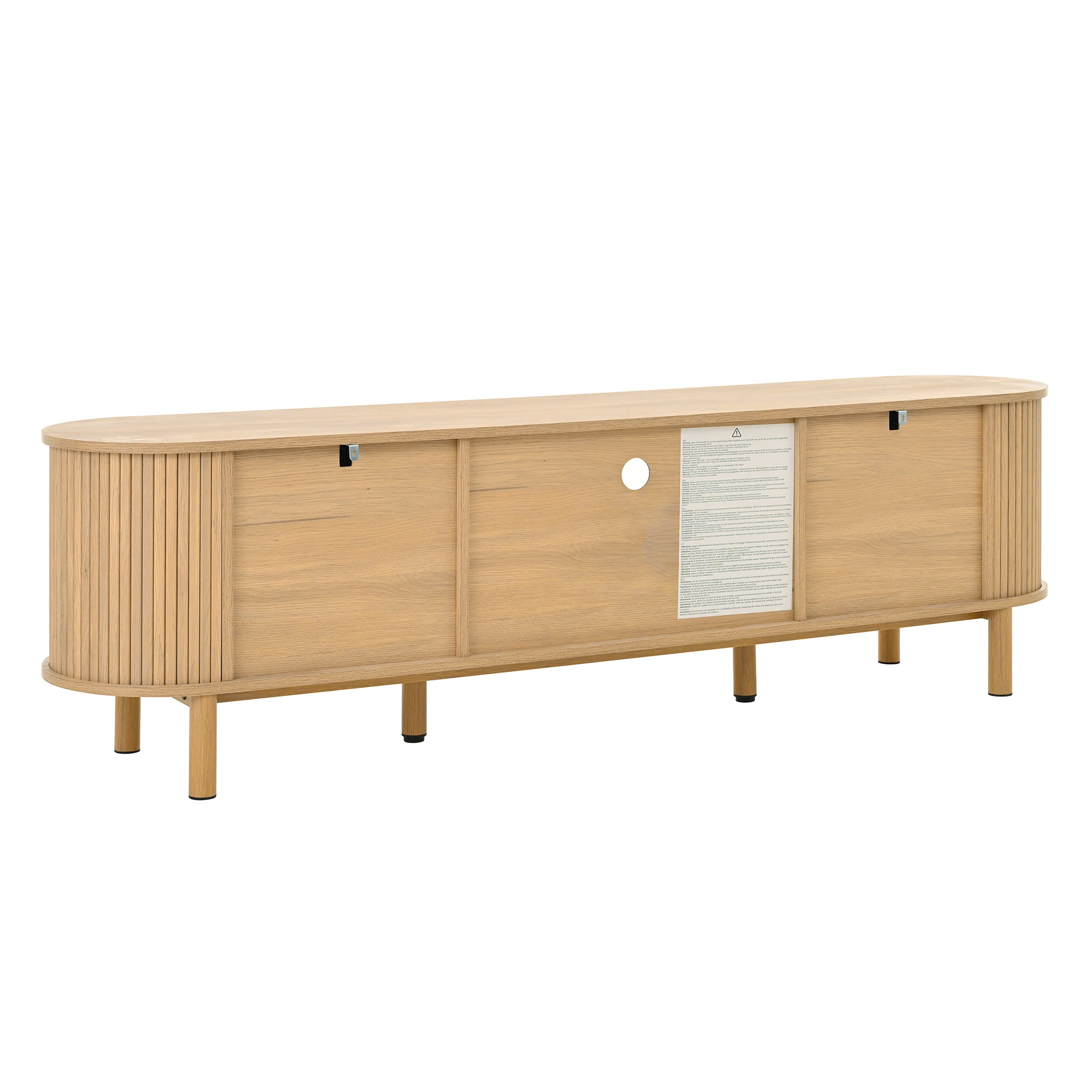 PINGGO Moderner TV-Schrank mit Rattanschublade, offenen Regalen, runder Tischplatte, Metallbeinen, Holzoptik, 175x36x41 cm – Detail 14