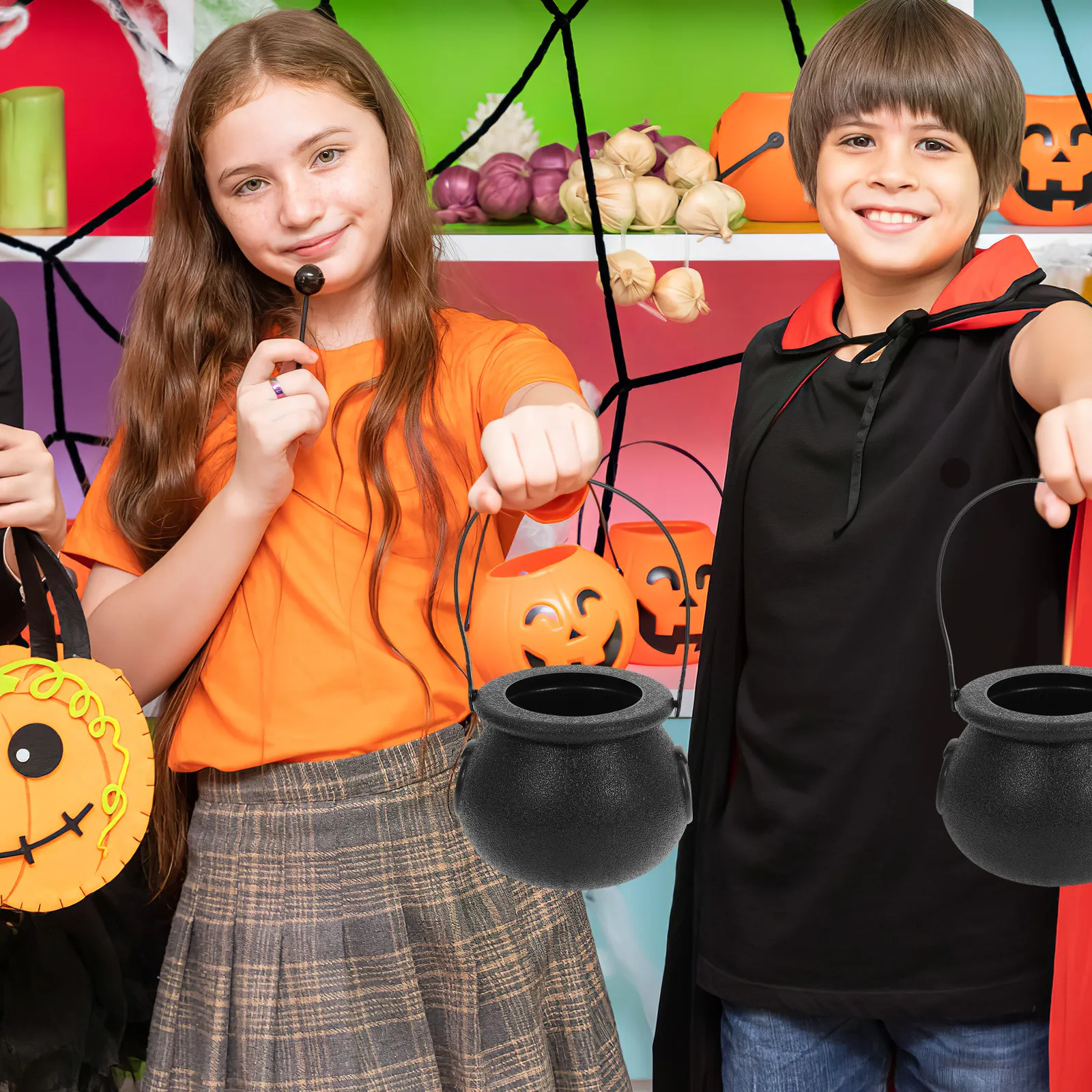 Jarra de dulces con temática de Halloween, cubo decorativo de gran capacidad, fácil de transportar, soporte para dulces para fiestas, accesorio para disfraces, 2 uds.