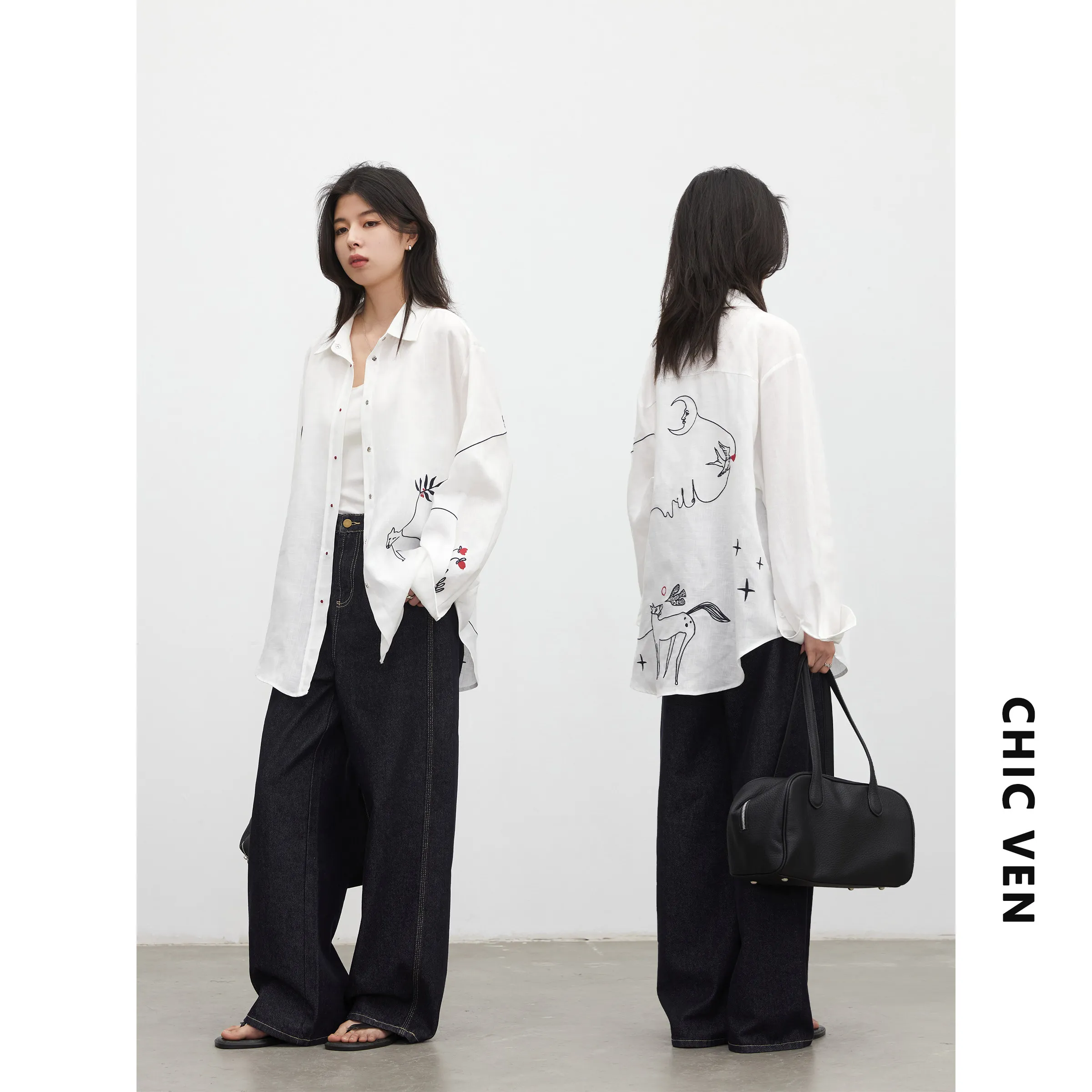 Women's White Long Sleeve Blouse with Pony Embroidery