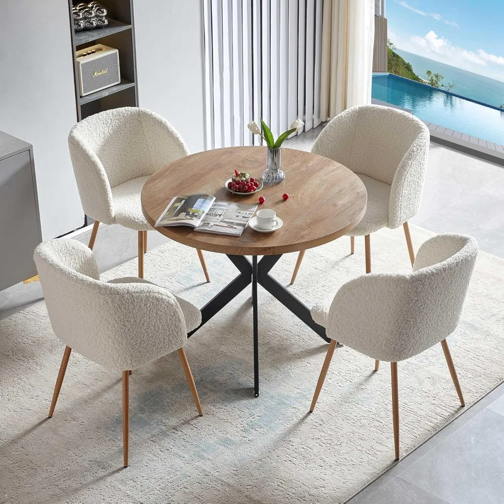 5 round dining tables with armchairs, 37 inch medium density fiberboard tabletop, faux fur wood grain metal leg dining chair set