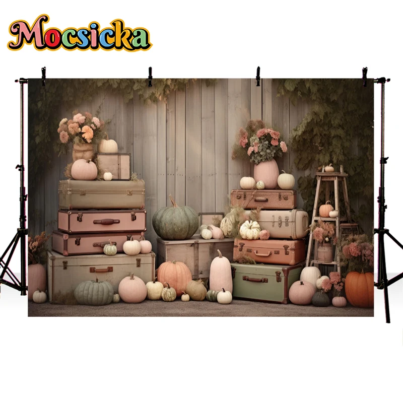 Mocsicka Autumn Photo Backdrop For Baby Shower Children Portrait Photography Banner Pumpkin Flower Trunk Decor Props