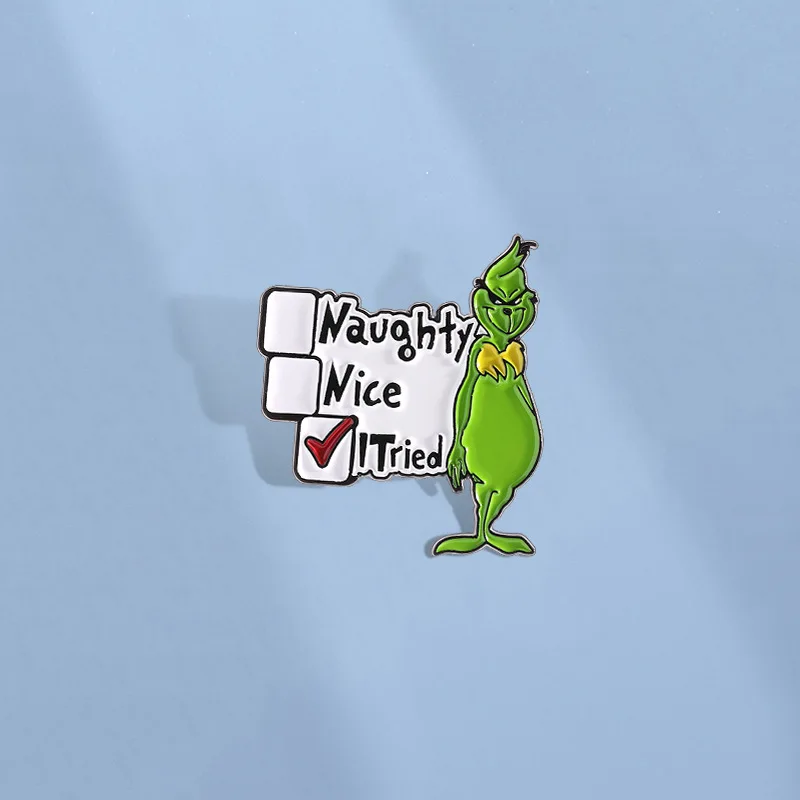 Cartoon Green Monster Enamel Pins Custom Naughty Nice Itried Cute Animal Movie Characters Lapel Badges Jewelry Gifts For Kids