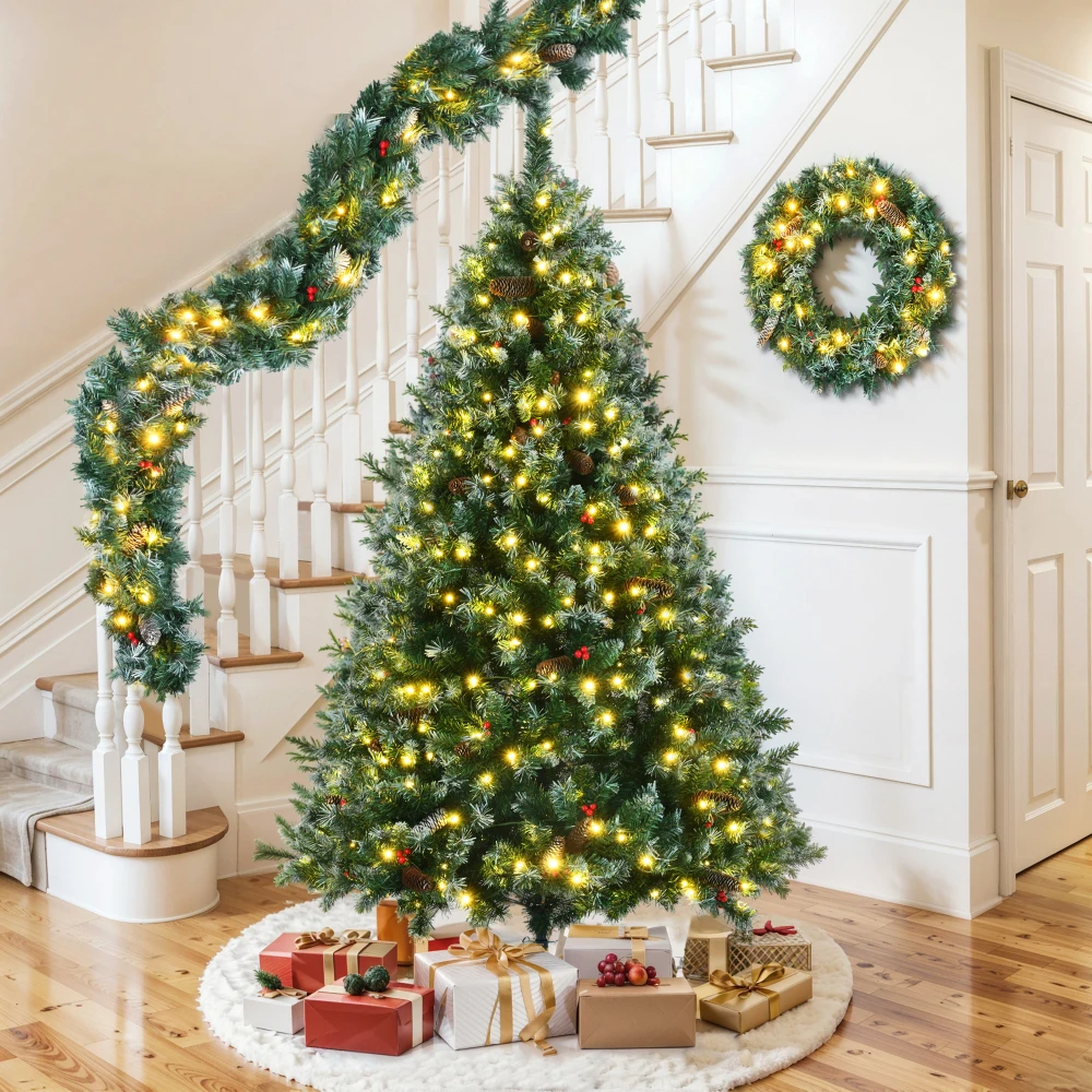 6FT Dark Green Pine Christmas Tree Set - Pre-Lit with Garland & Wreath, Hinged Artificial Tree with White Tips, 11Colorful Modes