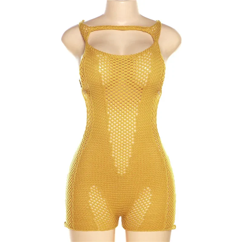 YUZHEXI Summer Hollow Out Knit Yellow Playsuit donna senza maniche a rete pagliaccetto tute vestiti Rave