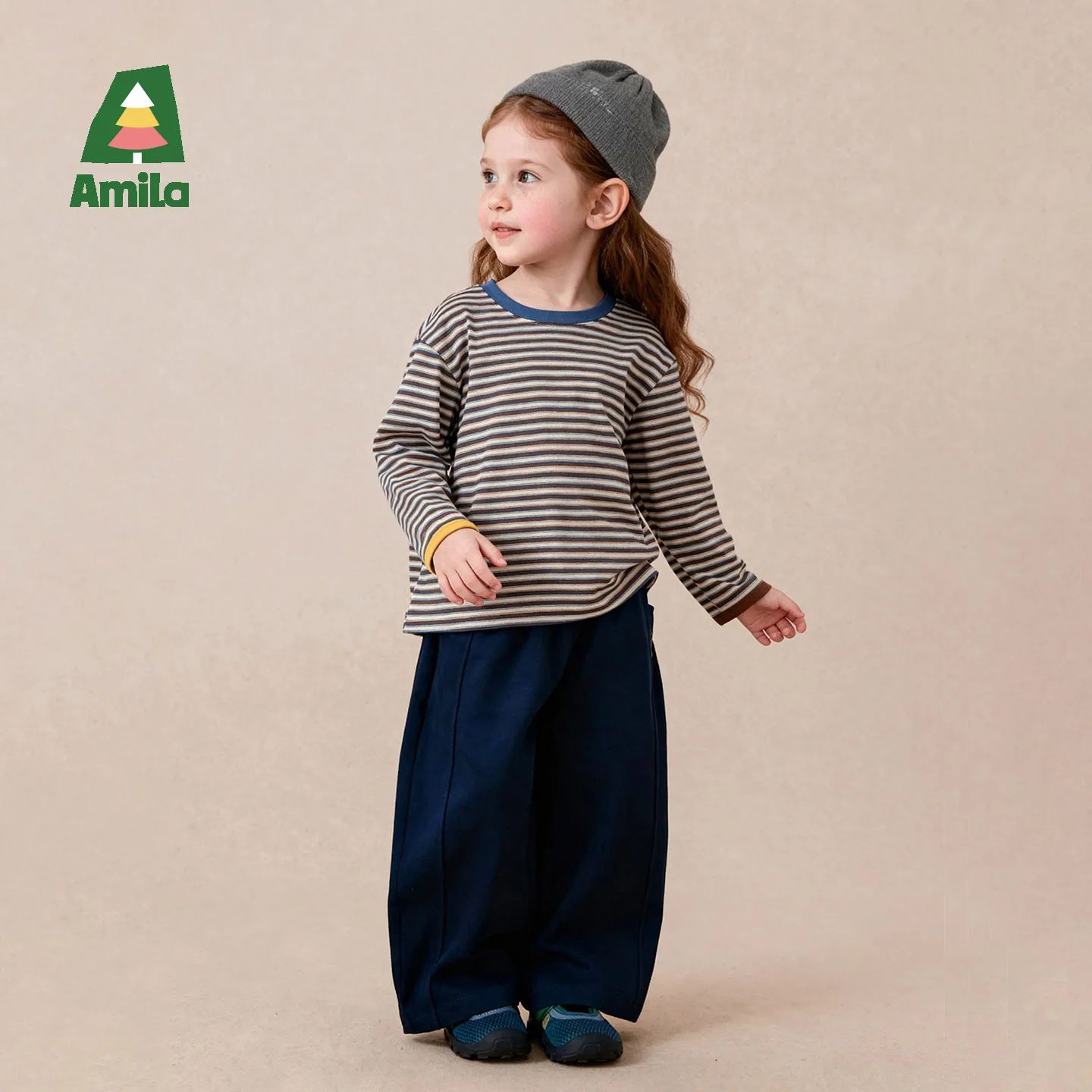 Amila 2026 Autumn New Kids T Shirt Retro Colorful Stripe Two Tone Long Sleeve Base Layer Fashion Casual Soft Comfortable Top