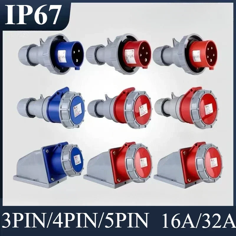 IP67 NEW Industrial Plug and Socket 16A 32A 3 Pin 4 Pin 5 Pin  Wall Mounted Socket Panel Mounted Coupler 220V 380V 415V