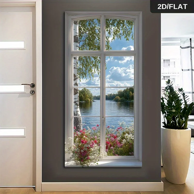 Frameless Canvas Painting2D/Flat Large Modern False Window Lake Canvas Wall Art Unframed Abstract Serene Lakeside Landscape Prin