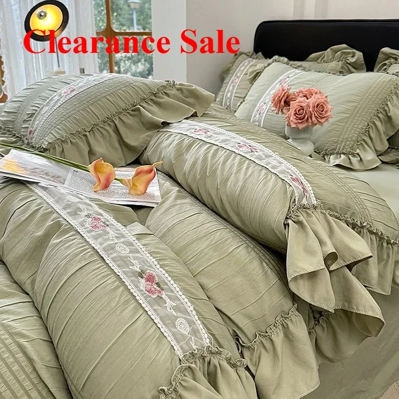 

New Korean Princess Style Lace Ruffles Wedding Bedding Set Washed Cotton Soft Duvet Cover Set Bed Sheet Pillowcase 3/4Pcs