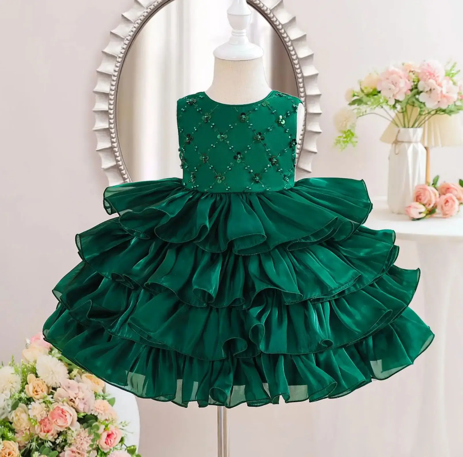 Kids Layered Birthday Dress for Girls Sequin Ball Gown Party Dress Child Christmas Clothes Baby Girl's Special Occasion Outfit