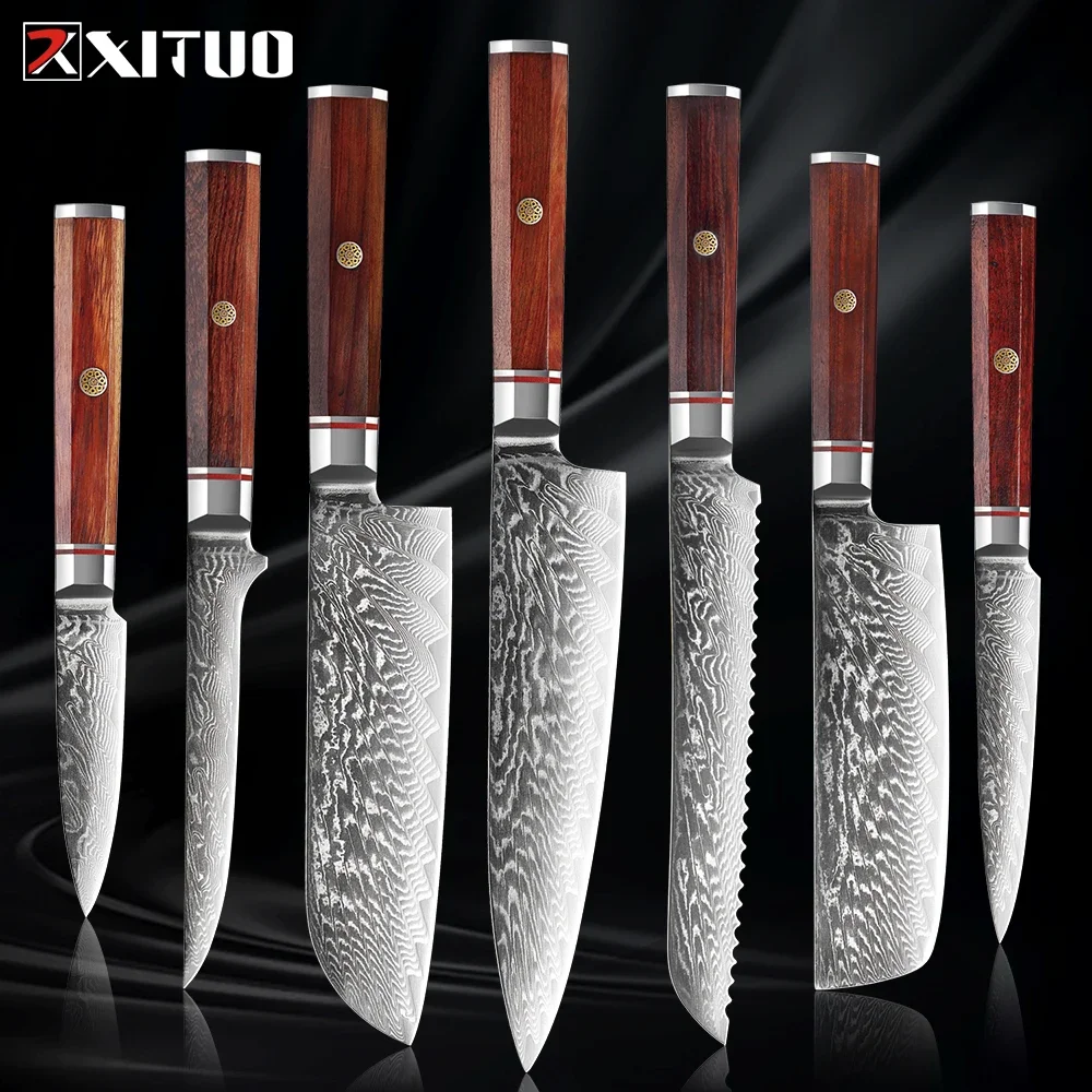 

Japanese Chef Knives Set 1-7Pcs Kitchen Knife Chef Santoku Cleaver Bread Paring Knife Damascus Steel 67 Layer Octagonal Handle