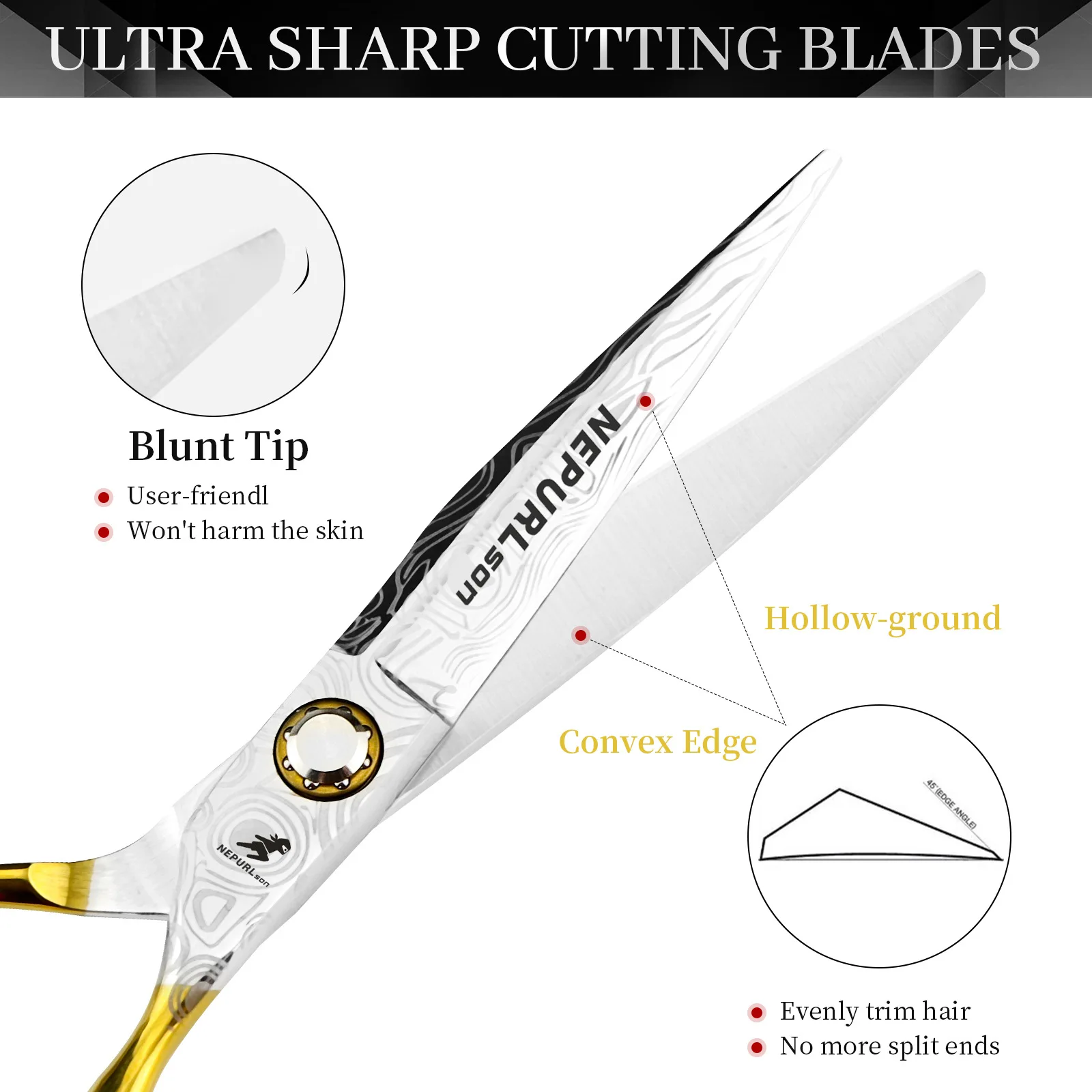 NEPURLSON 6.0-inch semi-gold Damascus pattern flat-cut hair scissors, professional styling tools