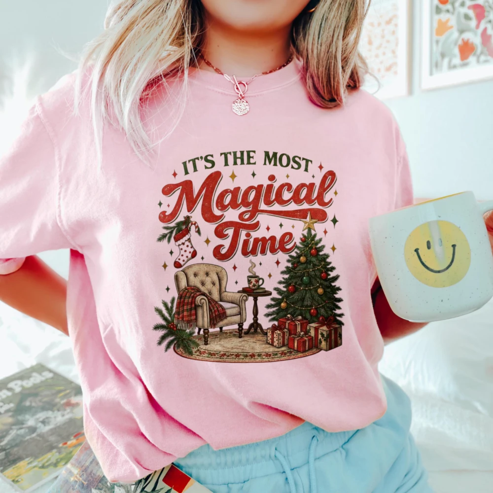 Vintage Christmas Women Tshirt It's the Most Magical Time Printing Tshirt Cozy Holiday Tree & Gifts Unisex Fashion Cotton Tees