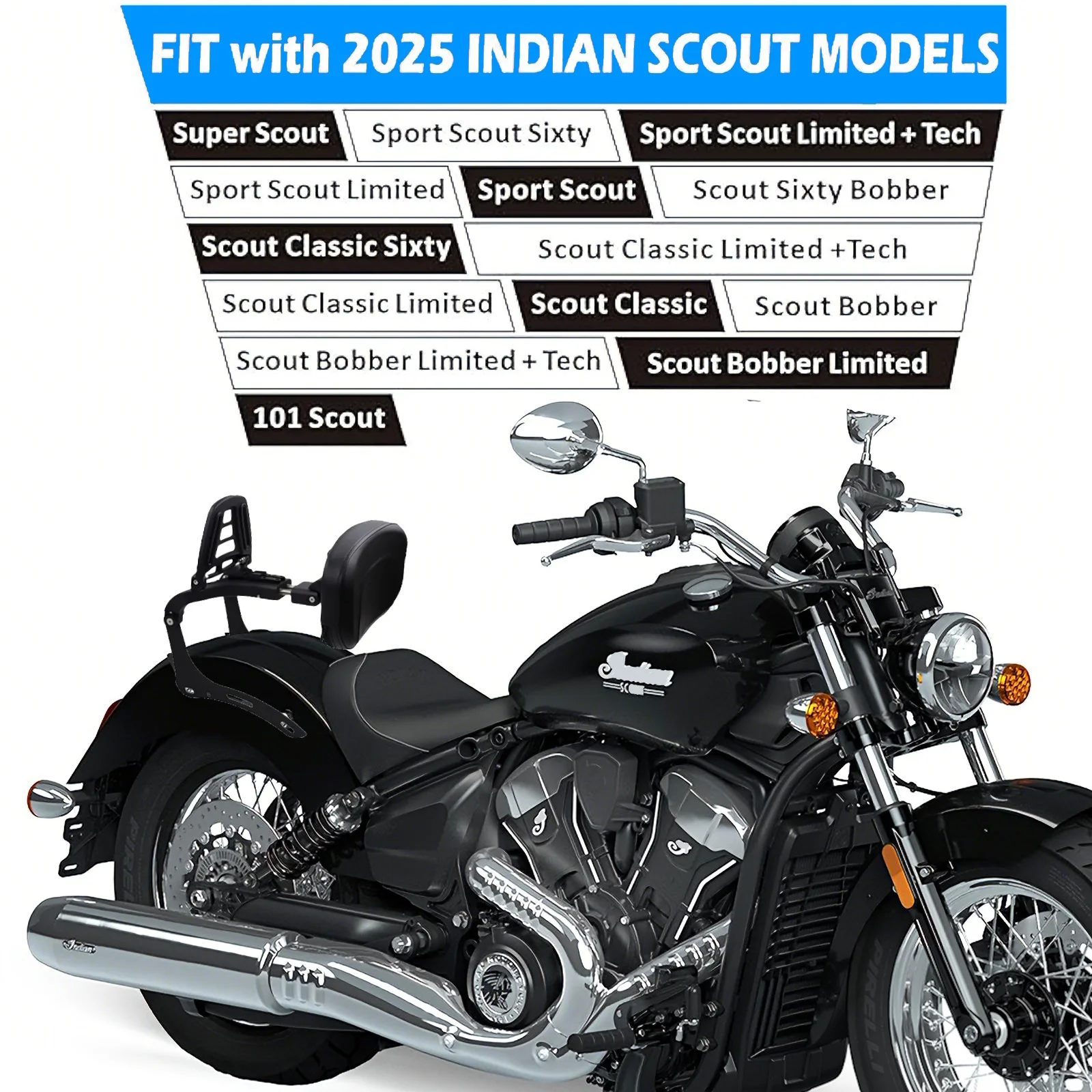 For Indian 2025 Super Scout Bobber Sport Scout 101 Sixty Accessories Adjustable Folding Motorcycle Passenger Backrest Sissy Bar