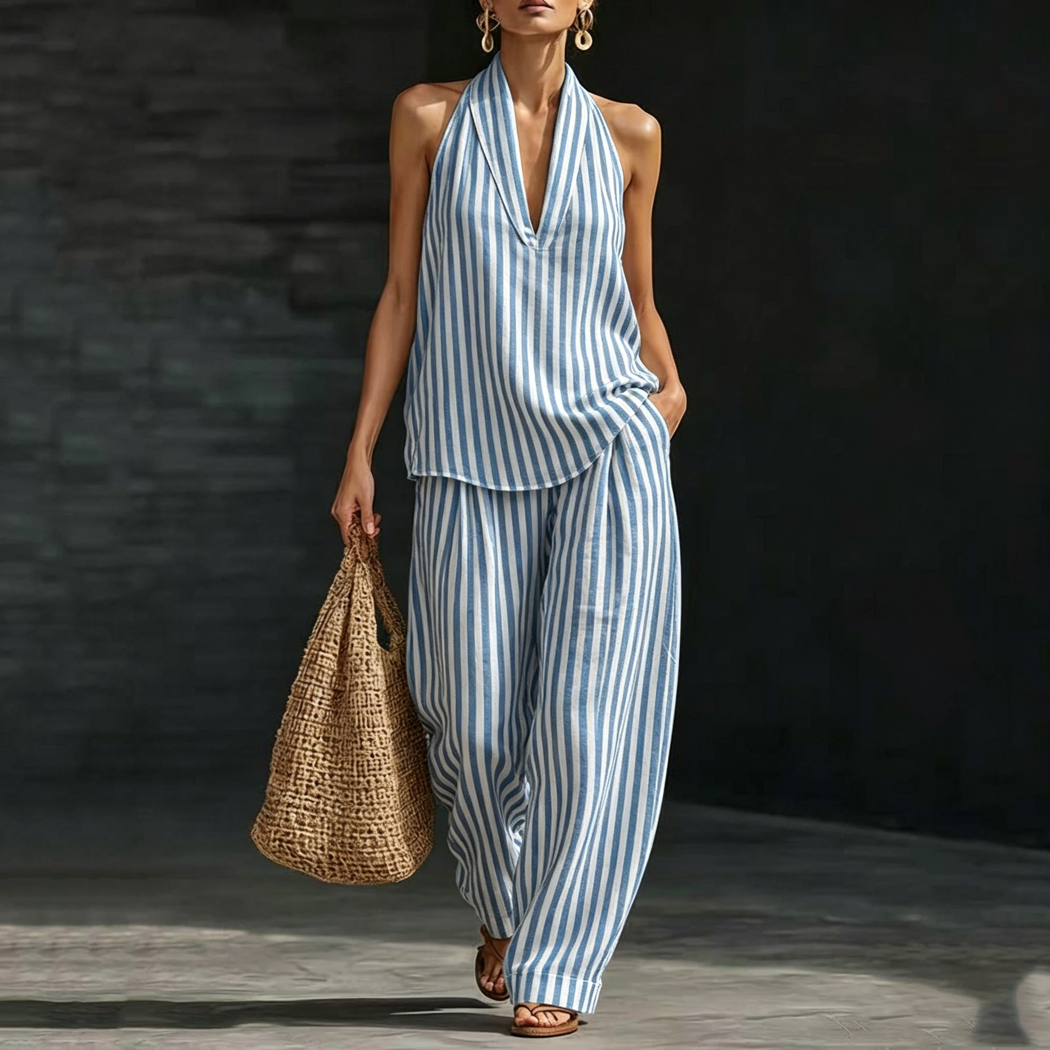 

Women's Casual Two-piece Set Summer Striped Wide-leg Pants Sleeveless V-Neck Halter Top Two-piece Set For Women Clothing