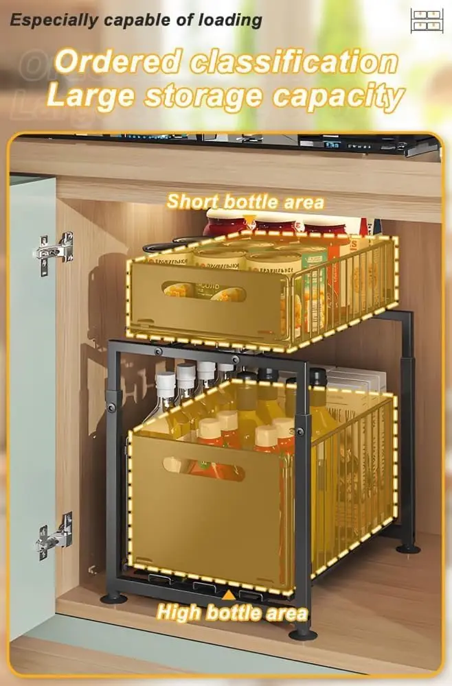 2-Tier Slide Out Under Sink Organizer, Thickened Metal Multi-use Storage Rack, Pull Out Cabinet Organizer for Kitchen Bathroom