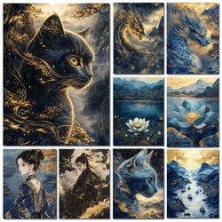 Diamond Painting New Arrival Cross Stitch Kits Golden Black Cat Dragon Lotus Landscape Diamond Art Embroidery Mosaic Home Decor