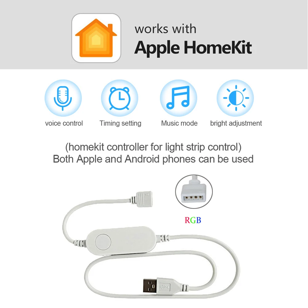 Bande lumineuse LED RVB à intensité variable, contrôle vocal Siri intelligent, rétroéclairage TV, USB 5050, fonctionne avec Apple Homekit, DC 5V,