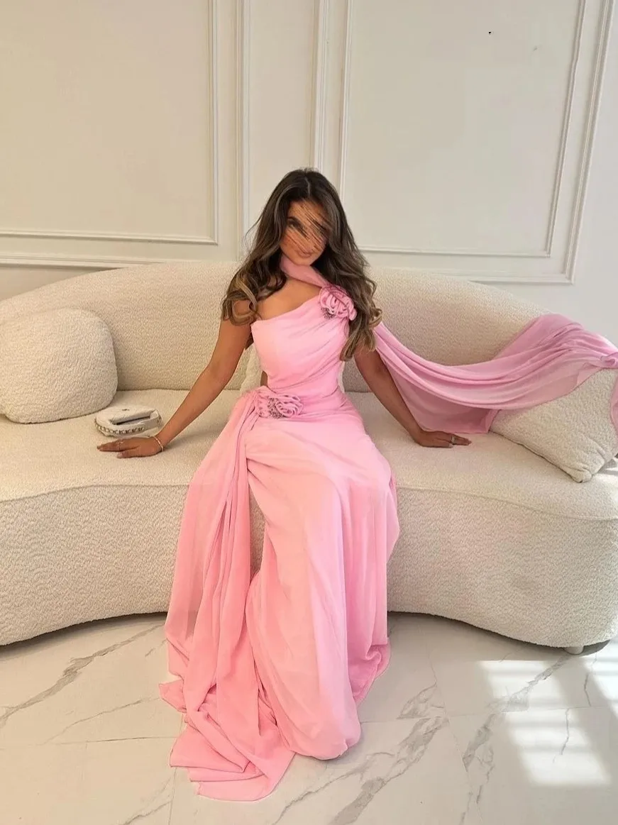 Vestido flora personalizado rosa frisado cristal 3d flores plissado sereia ocasião formal vestido de baile noite fenda lateral vestidos de festa