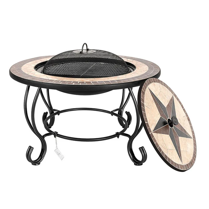 Round iron with ceramic tile removable brazier mosaic stove table charcoal barbecue table factory direct sales