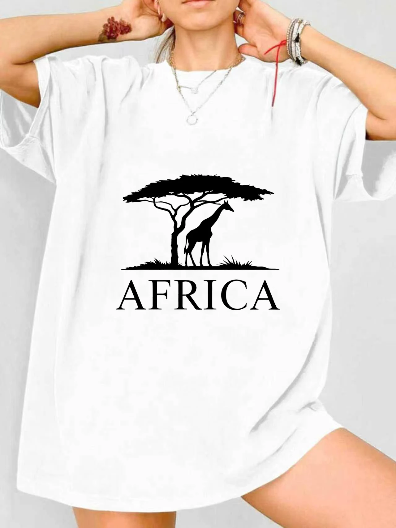 

【ZXH1113】Giraffe print plus size women's round neck summer casual short sleeved street fashion versatile T-shirt