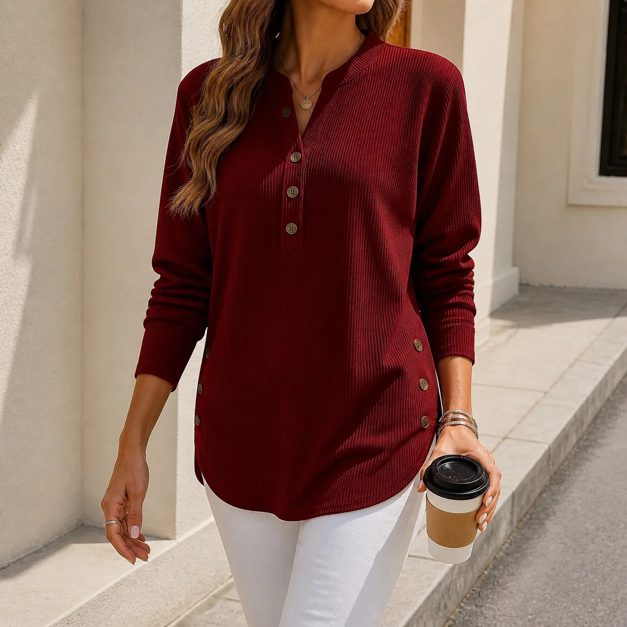 Loose Fit Top Button Front Commuter with T Shirts Autumn Commuter Chic Crew Neck Mid Length Elegant Women Long Sleeve Shirt