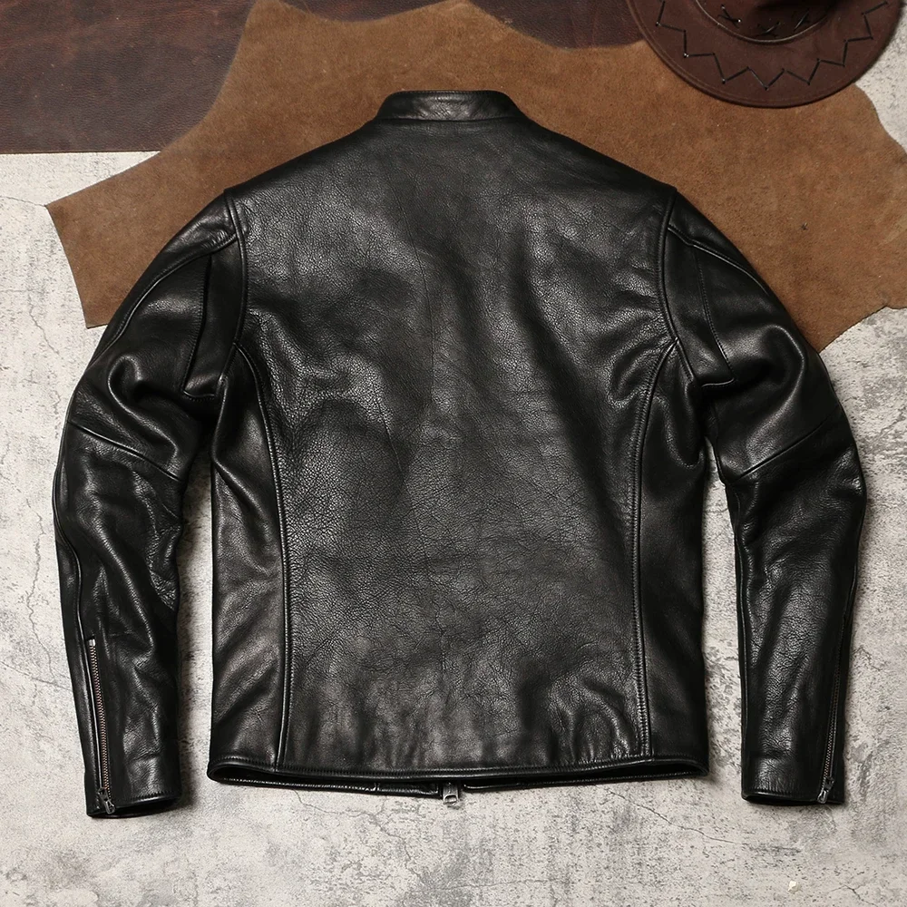 1930 Standing Collar Slim Fit Leather Jacket Wax Dyed Uncoated Thick Soft Cowhide Jacket Autumn and Winter