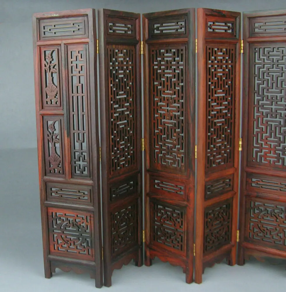 China Rosewood Suanzhi Wood Carved Flower Design Small Folding Screen 9.7