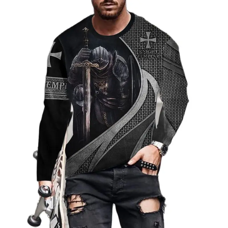 Funny 3D Crusader Knights Print T Shirt For Men Casual O-neck Long Sleeve T-Shirt Hip Hop Trend Vintage Clothes Cotton Men\'s Top