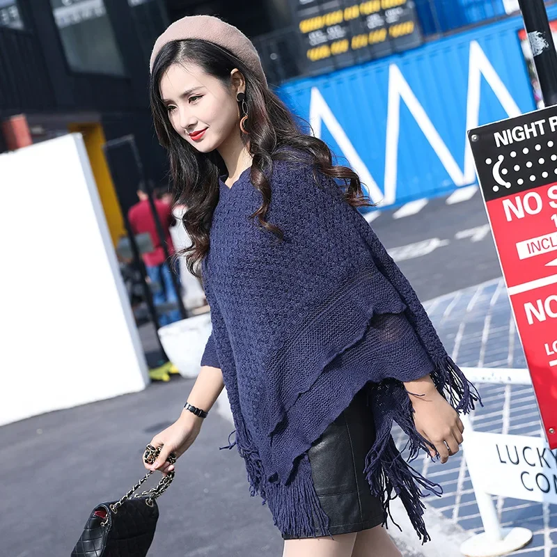 Spring Autumn New Knitted Cloak Coat Female Tassel Loose Thick Pullover Lazy Sweater Smock Shawl Women Fashion Accessories Navy