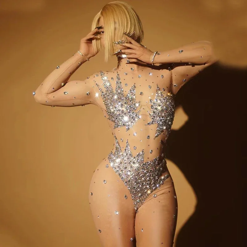 Rhinestones Jumpsuit Women Halloween Nightclub Dj Ds Party Outfit Pole Dance Gogo Wear Drag Queen Costume