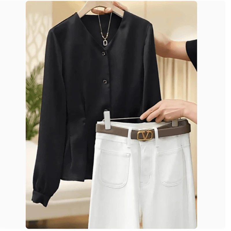 Trendy plus size feminino irt outono 2025 longo Sve V-Ne Design versátil plissado cintura acolchoada top doce sle regular...