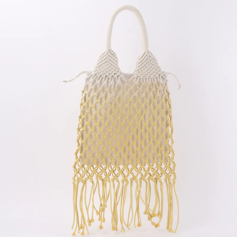 Handmade Cotton Rope Mesh Bag Beach Bag Hollow Out One Shoulder Woven Bag Women\'s Fashion Straw Woven Bag Female Shopping Bag