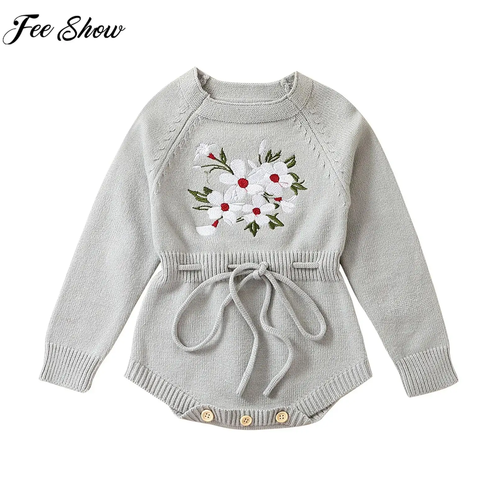 

Infant Girls Sweater Romper Long Sleeve Sweat Cute Knit Embroidery Sweatshirt Bodysuit Playwear Baptism Birthday Party Costume